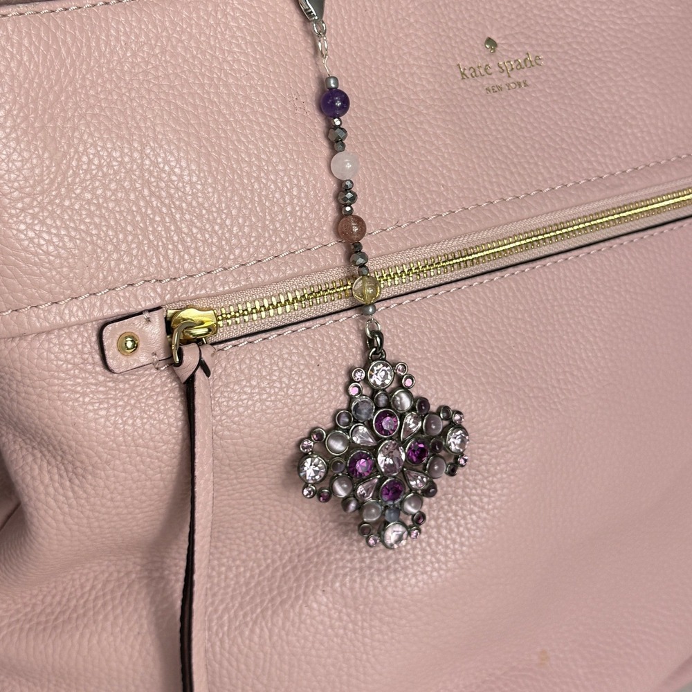 Purple Crystal Beaded Bag Charm Gunmetal Boho Handbag Accessory Lobster Clasp